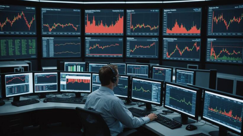 Trading desk with multiple screens showing upward red graphs representing Fed futures and interest rate movements