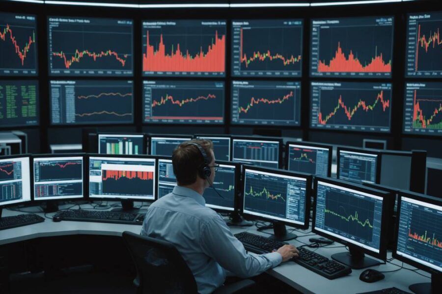 Trading desk with multiple screens showing upward red graphs representing Fed futures and interest rate movements