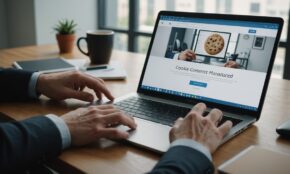Hand hovering over laptop keyboard with cookie consent dialog on screen in modern office with natural lighting