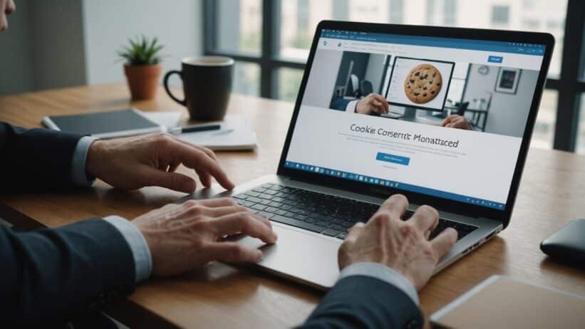 Hand hovering over laptop keyboard with cookie consent dialog on screen in modern office with natural lighting