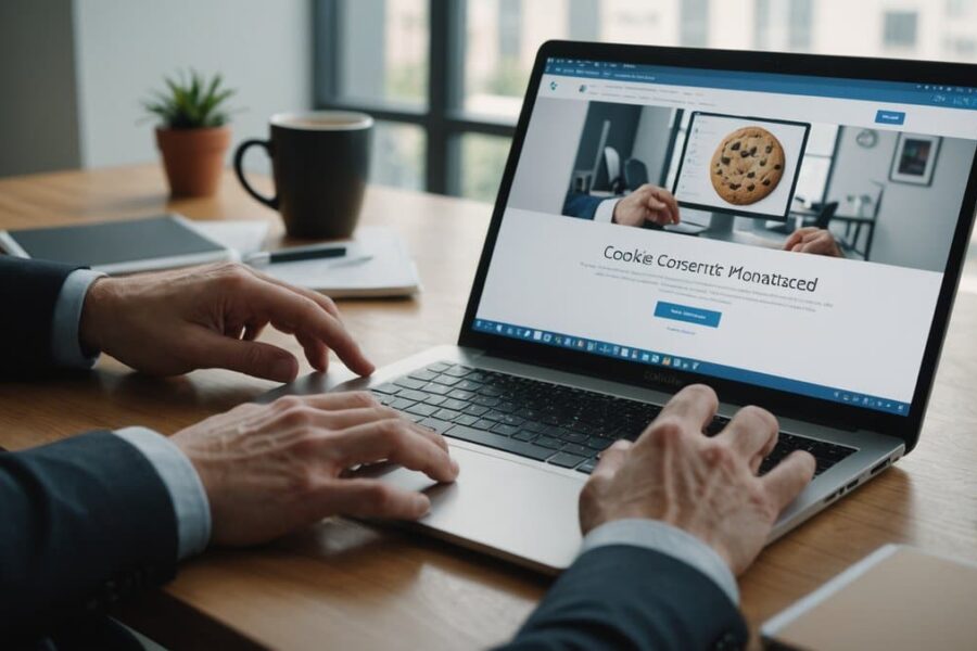 Hand hovering over laptop keyboard with cookie consent dialog on screen in modern office with natural lighting