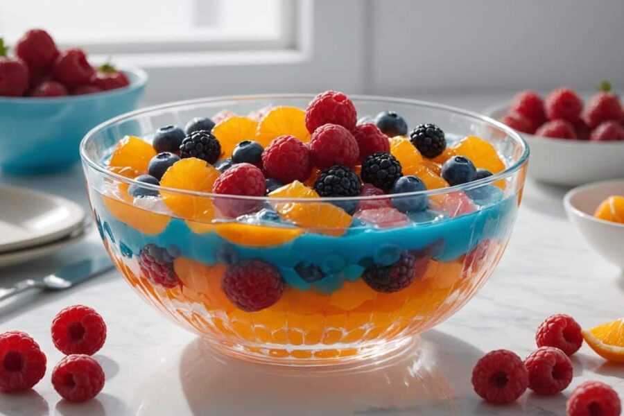 Colorful orange and blue gelatin dessert with fresh berries in glass bowl on white counter, showcasing Jell-O's clean ingredients