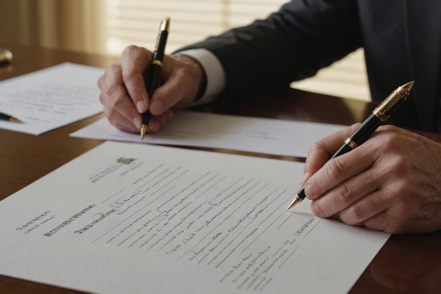 Federal Reserve official signing resignation letter at wooden desk with American flag in background, marking leadership transition