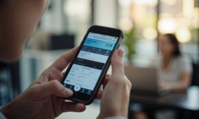Person using smartphone to review digital investment platform with financial details in modern office setting