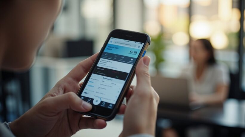 Person using smartphone to review digital investment platform with financial details in modern office setting