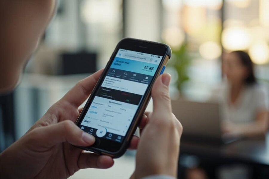 Person using smartphone to review digital investment platform with financial details in modern office setting
