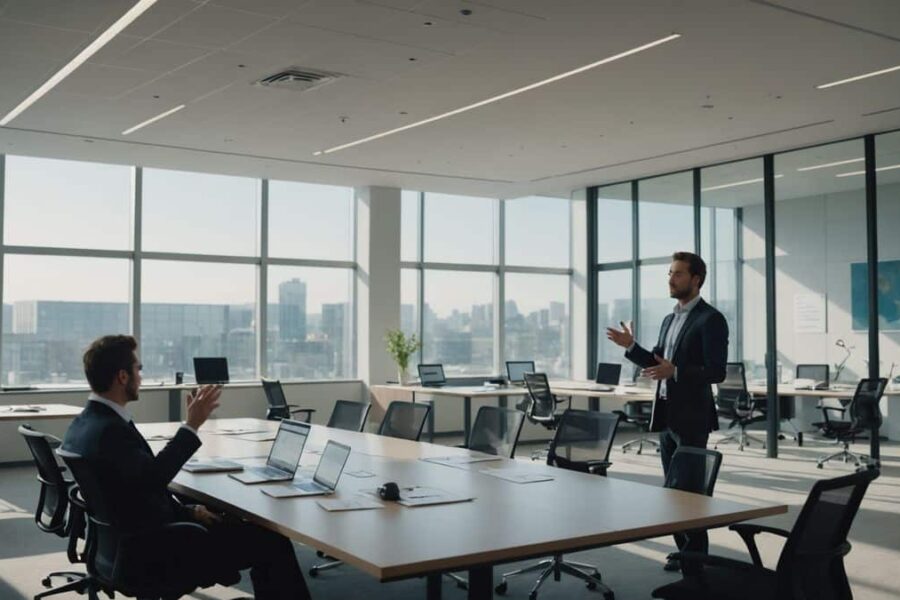 CEO addressing employees in modern tech office with empty desks, illustrating Meta's workforce restructuring and Zuckerberg's promise