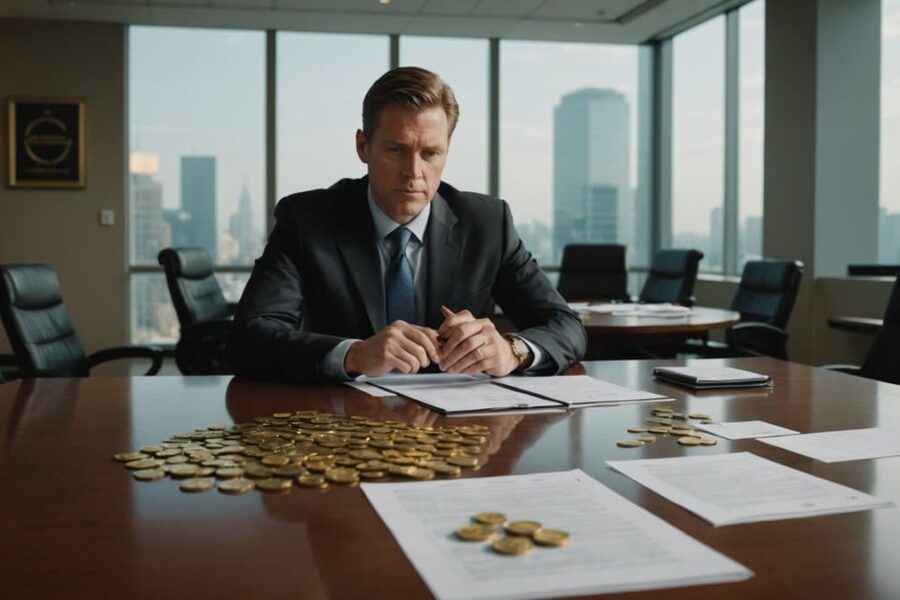 Corporate executive reviewing financial documents at conference table with golden Bitcoin coins, representing strategic debt repayment decisions
