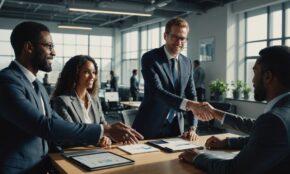 Corporate executive in suit shaking hands with diverse tech team members in modern office during farewell gathering