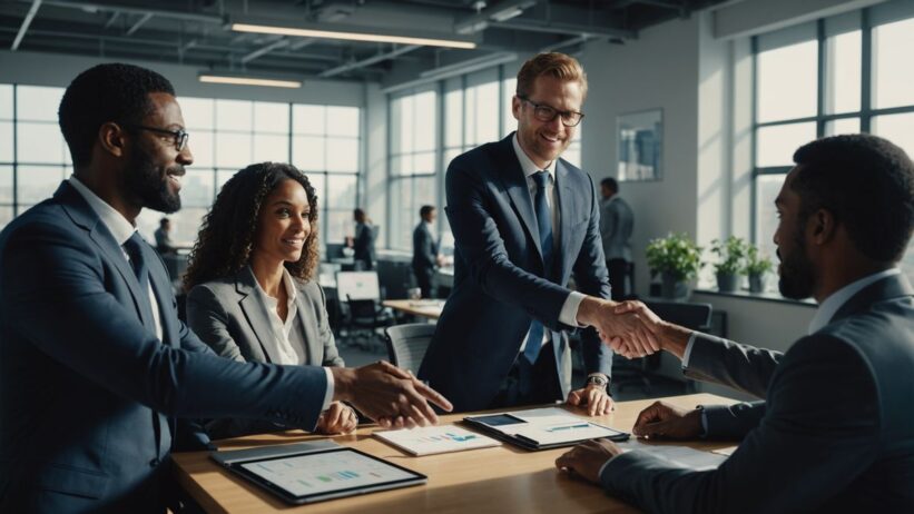 Corporate executive in suit shaking hands with diverse tech team members in modern office during farewell gathering
