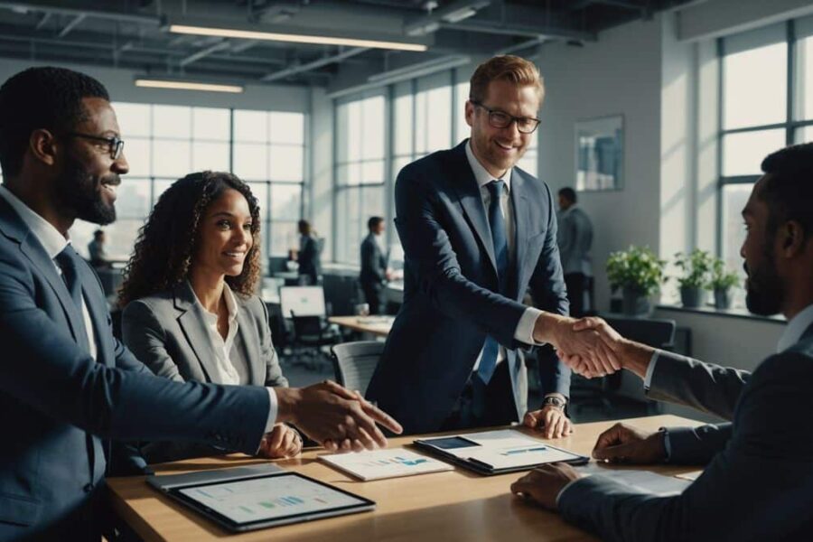 Corporate executive in suit shaking hands with diverse tech team members in modern office during farewell gathering