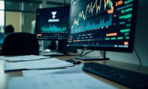 Office desk with financial documents and computer screens showing declining cryptocurrency charts and Ethereum staking data