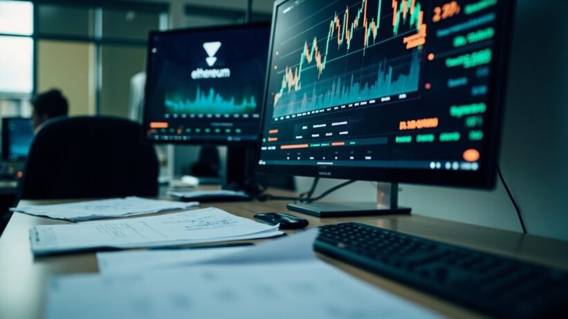 Office desk with financial documents and computer screens showing declining cryptocurrency charts and Ethereum staking data