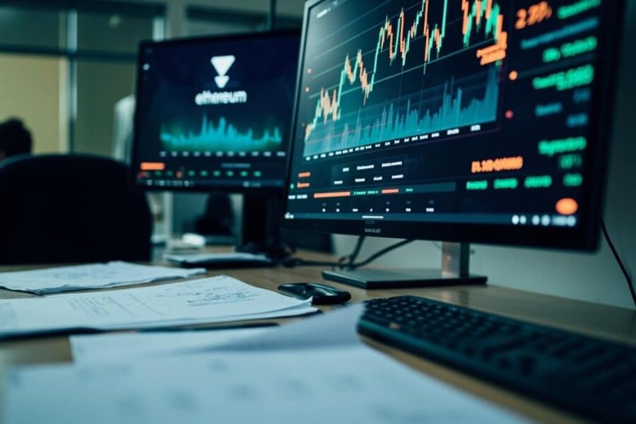 Office desk with financial documents and computer screens showing declining cryptocurrency charts and Ethereum staking data