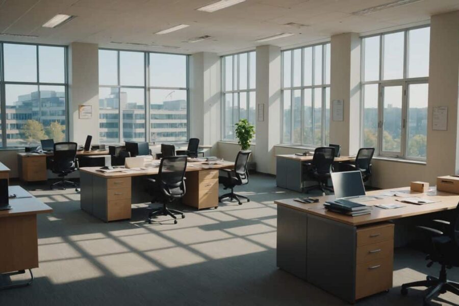 Empty corporate office with packed boxes and vacant desks, showing aftermath of Starbucks regional office closures and job cuts
