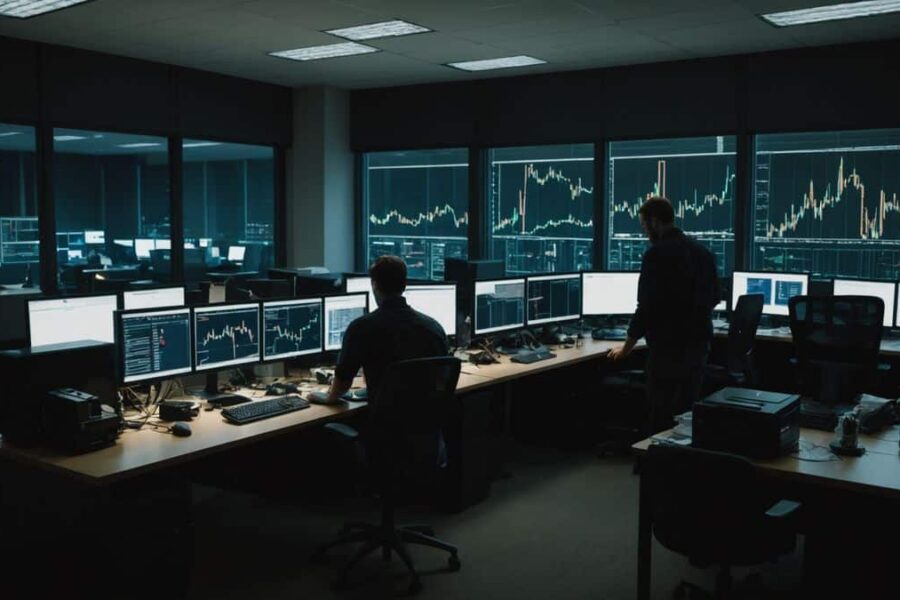 Empty office with declining crypto charts on darkening monitors as workers pack equipment after protocol shutdown