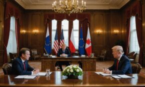 Trump og Xi Jinping møtes ved forhandlingsbordet med nasjonale flagg i bakgrunnen under diplomatisk toppmøte