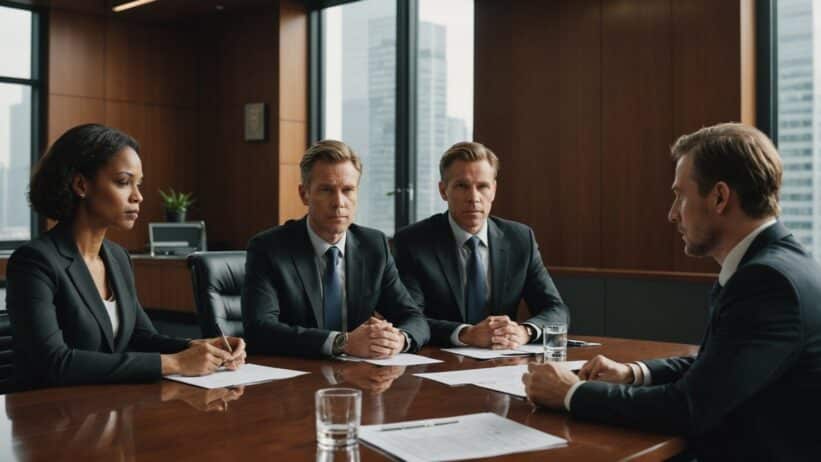 Financial professionals in meeting discussing Fed rate hike concerns with charts showing upward trends on table
