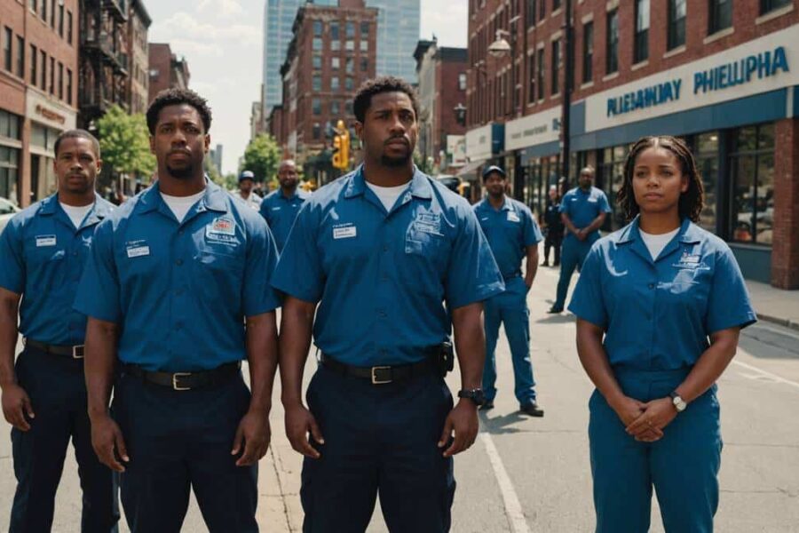 Diverse service workers in uniforms standing on Philadelphia street, representing 208,000 employees gaining pension savings access