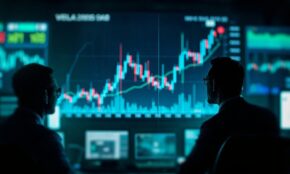 Trading floor with large screen displaying Bitcoin chart showing sharp upward bounce from technical indicator line