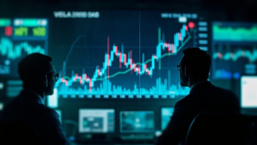 Trading floor with large screen displaying Bitcoin chart showing sharp upward bounce from technical indicator line