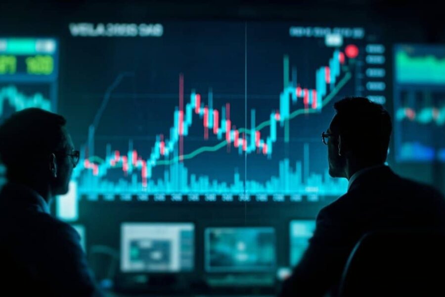 Trading floor with large screen displaying Bitcoin chart showing sharp upward bounce from technical indicator line