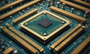 Massive dinner plate-sized computer chip on lab table next to standard processor, showing intricate circuits under clean-room lighting