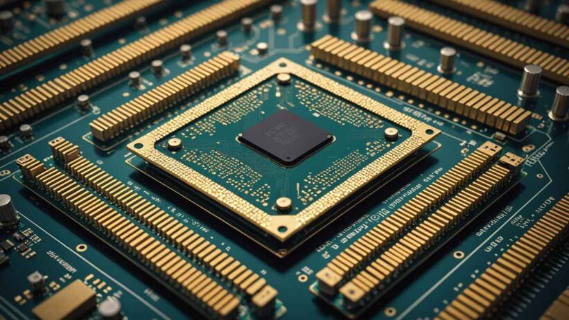 Massive dinner plate-sized computer chip on lab table next to standard processor, showing intricate circuits under clean-room lighting
