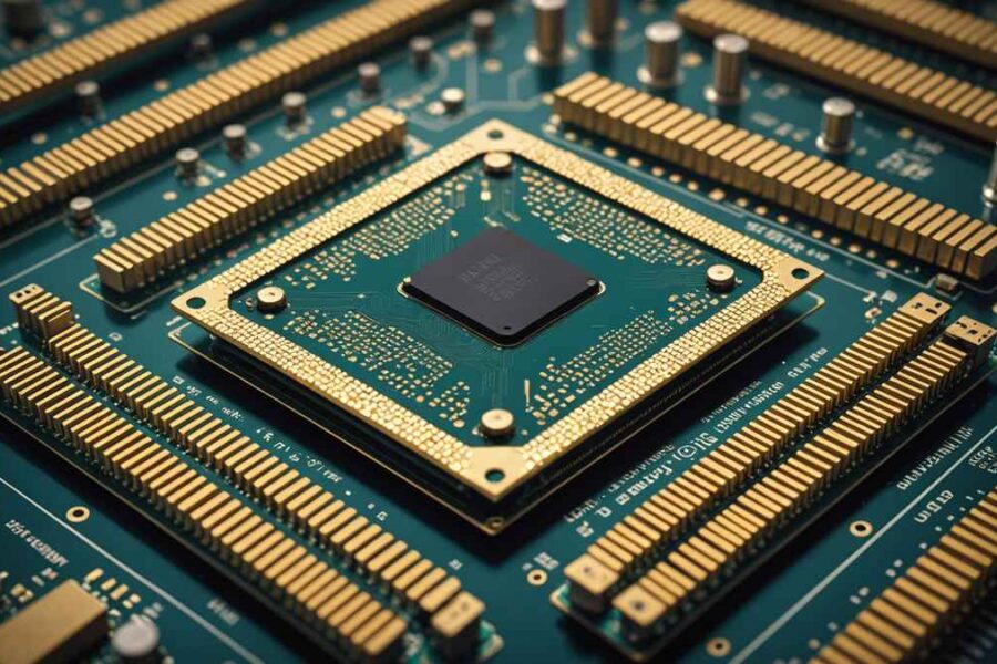 Massive dinner plate-sized computer chip on lab table next to standard processor, showing intricate circuits under clean-room lighting