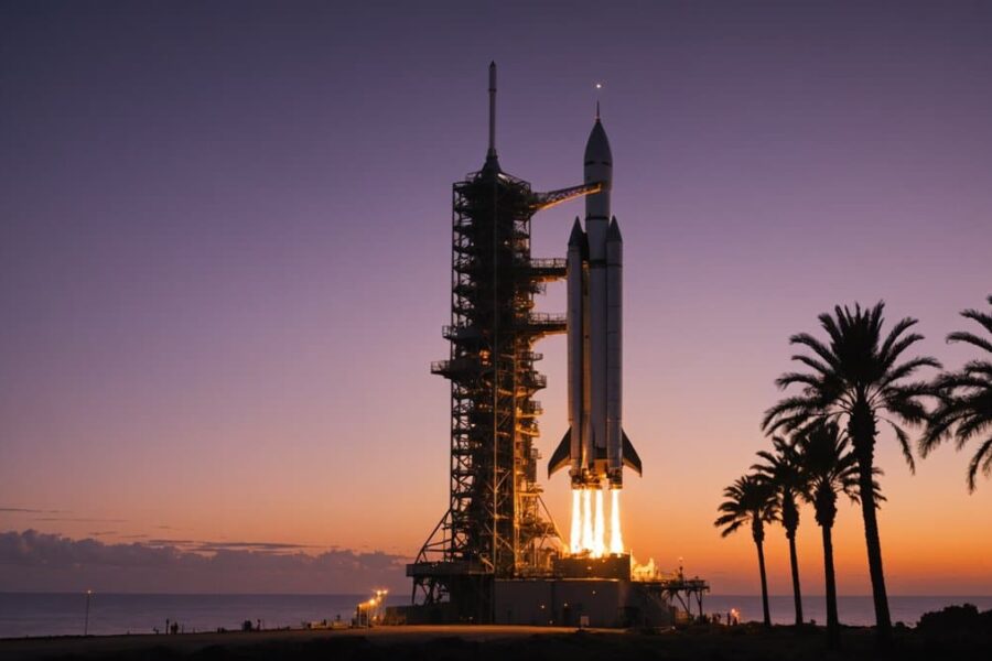 SpaceX Starship rocket on launch pad at twilight with heat shimmer, towering against orange-purple sky at coastal facility