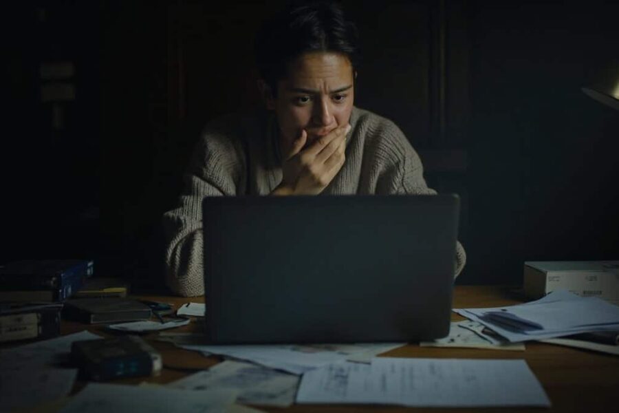 Person at desk showing emotional relief while looking at laptop, surrounded by old USB drives and papers from digital archives