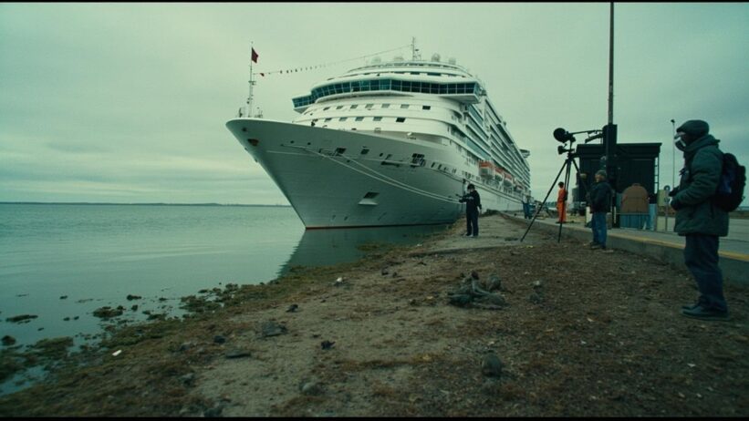 Cruise ship docked in Argentina with passengers disembarking as news crews film, marshy area with rodents visible nearby