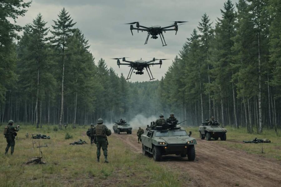 Ukrainian military operators control advanced drones in wooded border area during strategic offensive operations