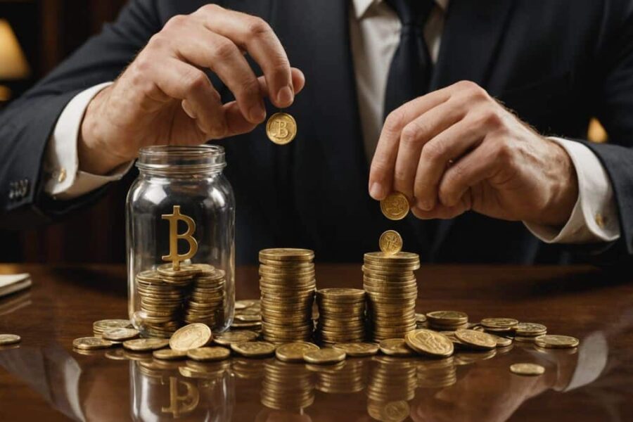 Businessman's hands placing and removing golden Bitcoin coins from glass jar, keeping only small portion behind