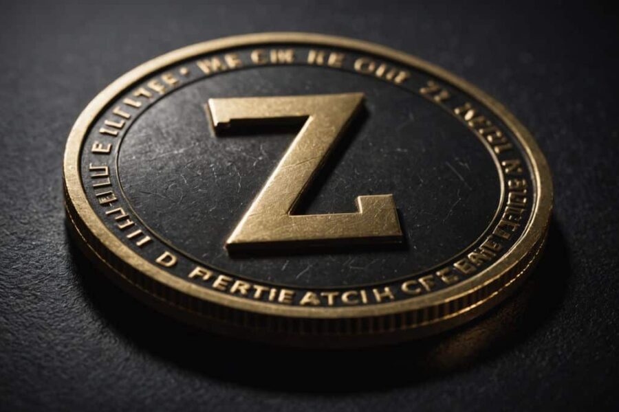 Zcash coin with Z logo on dark surface, upward trending graph in background showing 50% price increase momentum