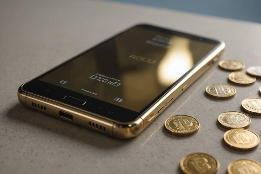 Gold smartphone on reflective surface with currency bills, showcasing metallic finish and premium design in natural light