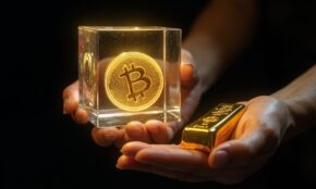Hand holding transparent cube with golden Bitcoin symbol inside while another hand holds gold bar, contrasting digital and physical assets