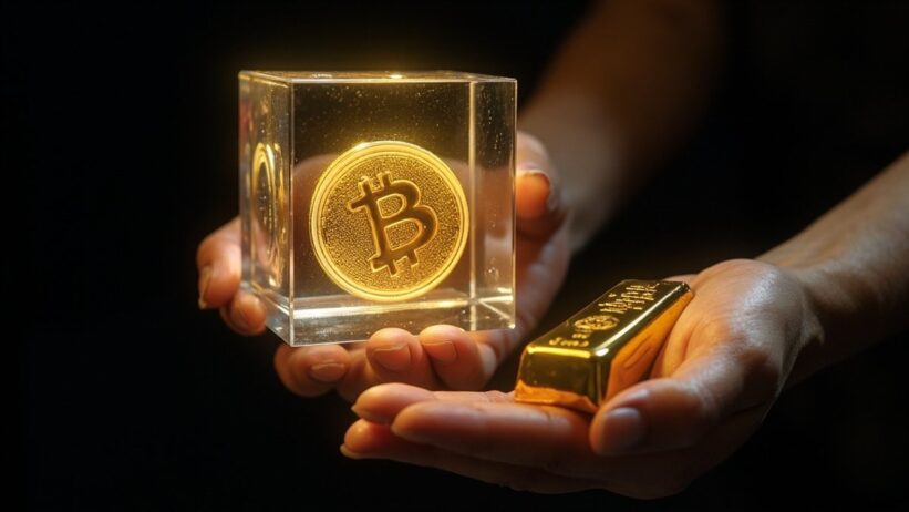 Hand holding transparent cube with golden Bitcoin symbol inside while another hand holds gold bar, contrasting digital and physical assets