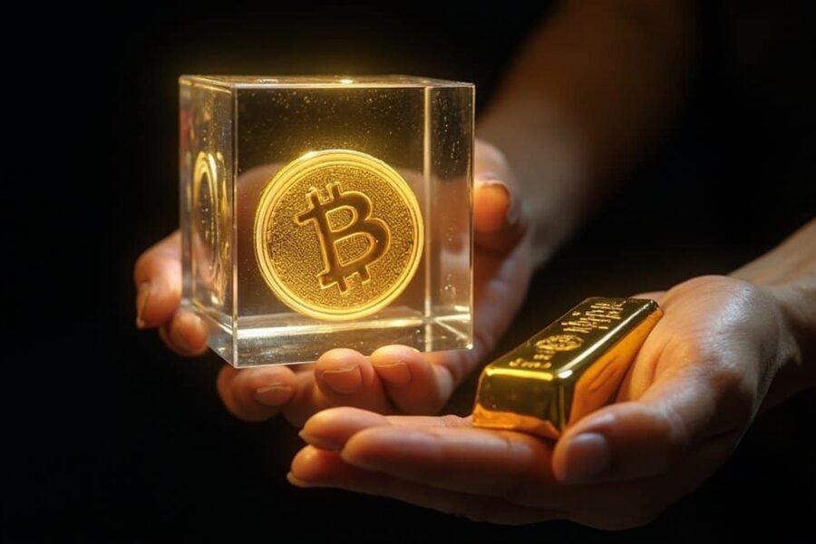 Hand holding transparent cube with golden Bitcoin symbol inside while another hand holds gold bar, contrasting digital and physical assets