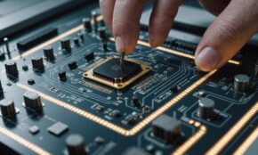 Large AI computer chip on laboratory workbench with hand for scale comparison, showing detailed circuit patterns