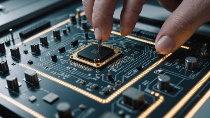 Large AI computer chip on laboratory workbench with hand for scale comparison, showing detailed circuit patterns