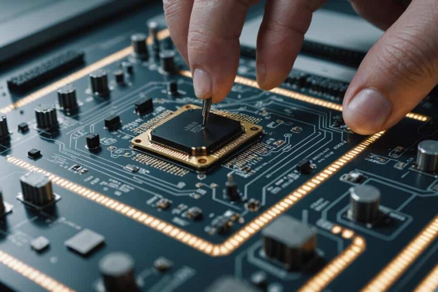 Large AI computer chip on laboratory workbench with hand for scale comparison, showing detailed circuit patterns