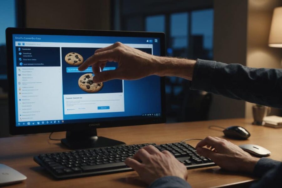 Computer screen showing cookie consent dialog with blue and gray buttons, hand hovering over mouse in dimly lit office