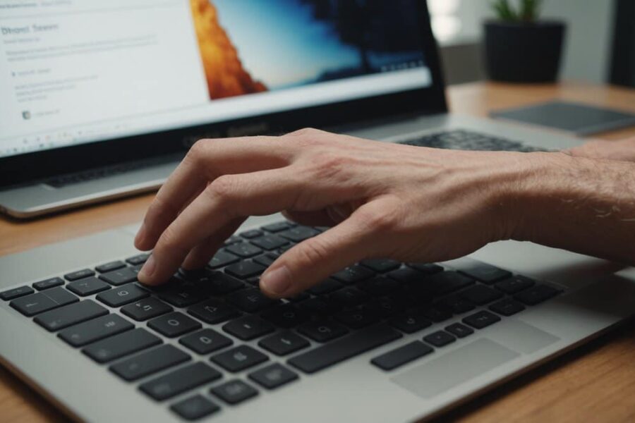 Hand hovering over laptop keyboard with glowing privacy settings buttons on screen in natural home office lighting