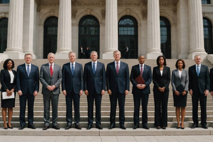 Politicians from different parties in collaborative stance on government building steps, representing bipartisan cooperation.
