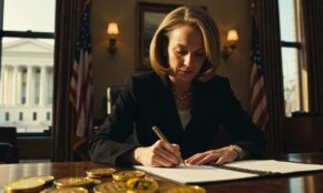 Senator writing formal letter at desk with cryptocurrency coins scattered nearby in government office setting