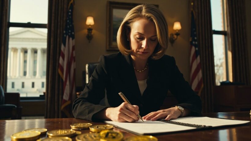 Senator writing formal letter at desk with cryptocurrency coins scattered nearby in government office setting