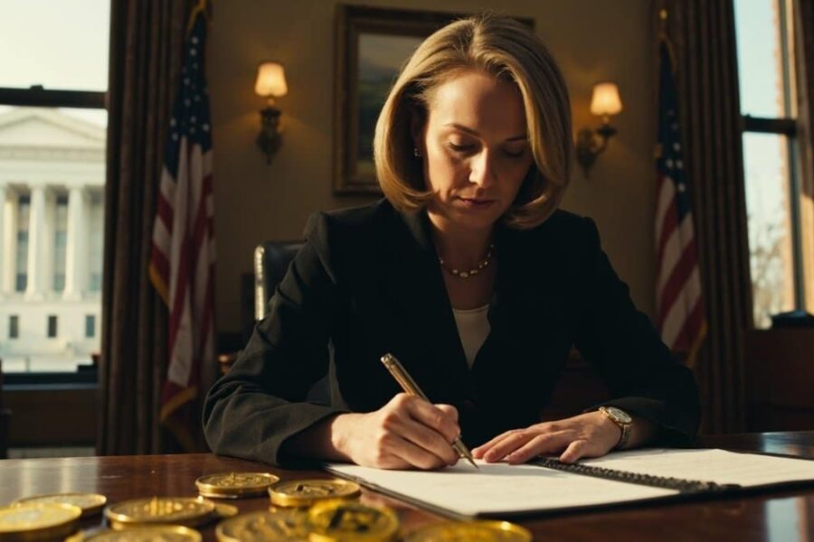 Senator writing formal letter at desk with cryptocurrency coins scattered nearby in government office setting