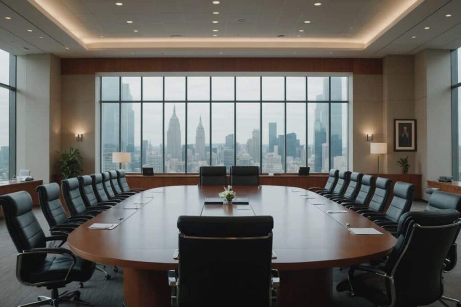 Empty Fed boardroom with leather chairs around conference table, anxious Americans visible through windows during leadership transition