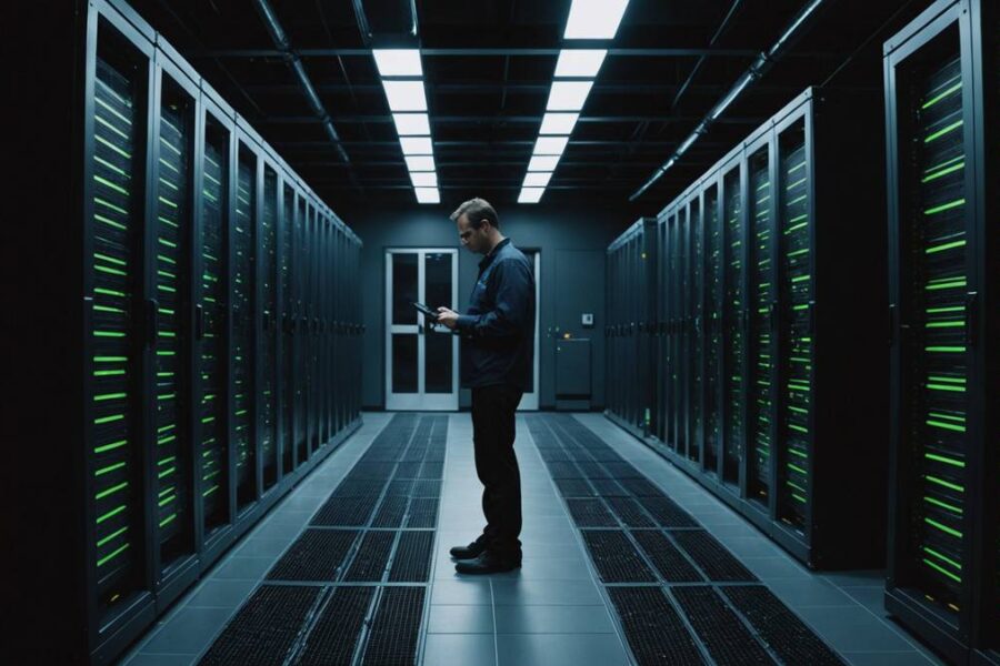 Technician inspecting servers in modern data center with glowing equipment racks supporting AI infrastructure development